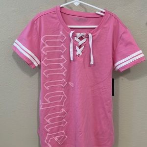 Idealogy Girl pink shirt with “Unique” logo with shoelace design, Size 14